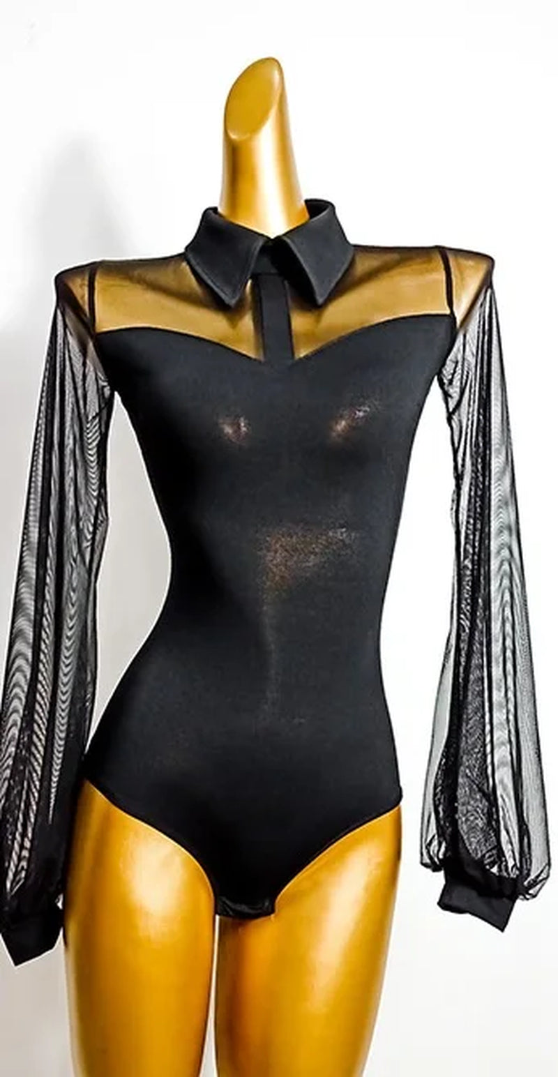 Elegant Black Ballroom Dress with Sheer Mesh - Perfect for Waltz, Flamenco Festivals, and Rave Outfits - DN5933