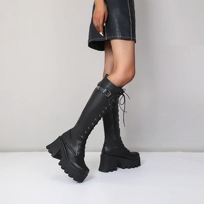 Black PU leather goth punk knee-high platform boots with lace-up design, suitable for winter and rainy weather for women.