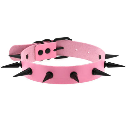 Black vegan leather choker necklace with metal spikes, ideal for gothic, witch, and cosplay fashion styles.