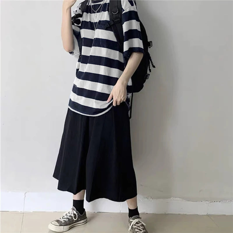 Women’s oversized Harajuku goth punk stripe print T-shirt with loose fit, hip hop style by PressureDen.store.