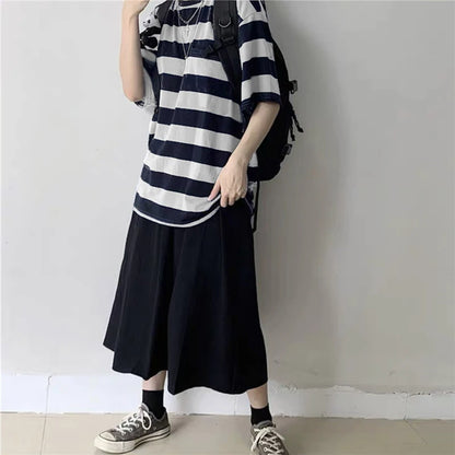 Women’s oversized Harajuku goth punk stripe print T-shirt with loose fit, hip hop style by PressureDen.store.