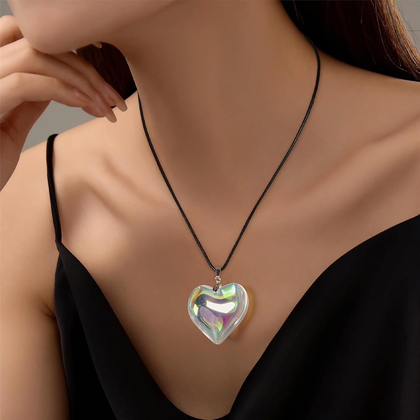 Chunky Puffy Heart Choker Necklace, Fashion Colored Glass Heart Pendant Y2K Trendy Jewelry Gifts for Women (Dazzle Heart)