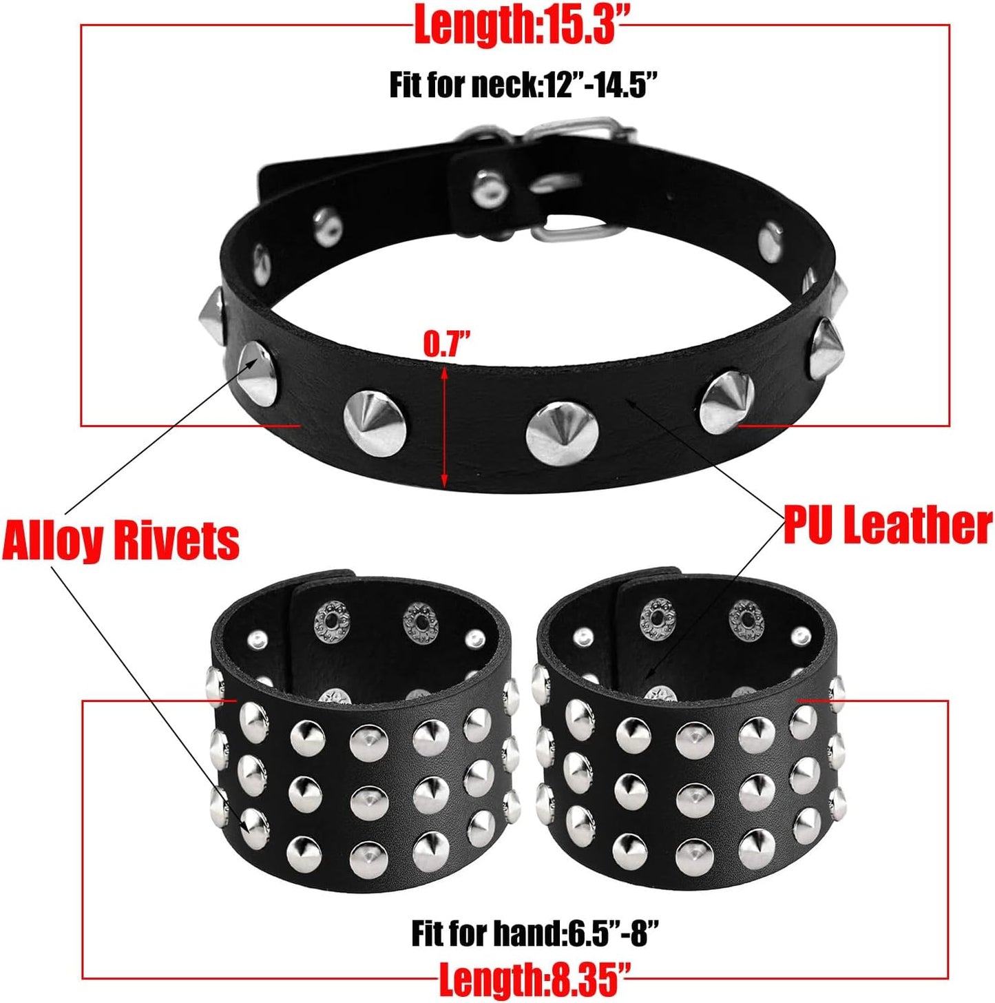 Tosmifairy punk rock leather choker and bracelet set with studs, vintage emo goth accessories, perfect for 80s and 90s fashion.