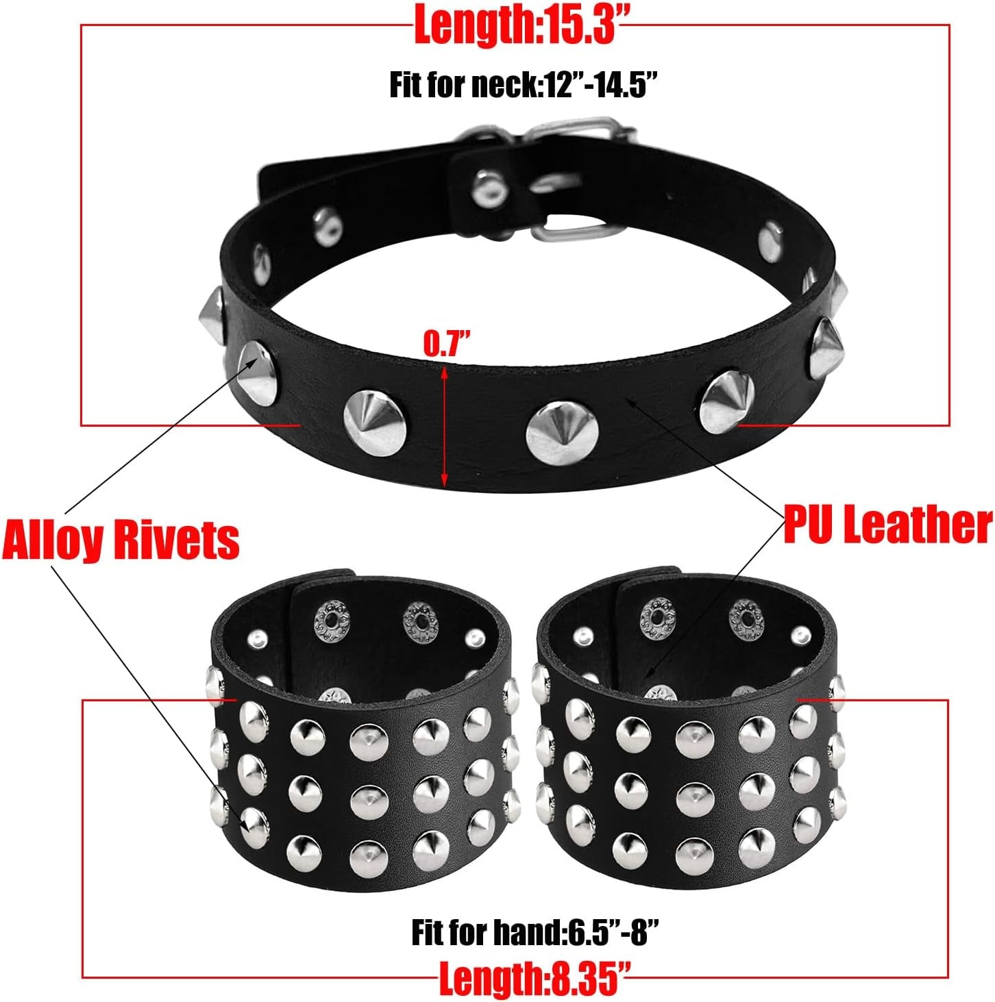 Tosmifairy punk rock leather choker and bracelet set with studs, vintage emo goth accessories, perfect for 80s and 90s fashion.