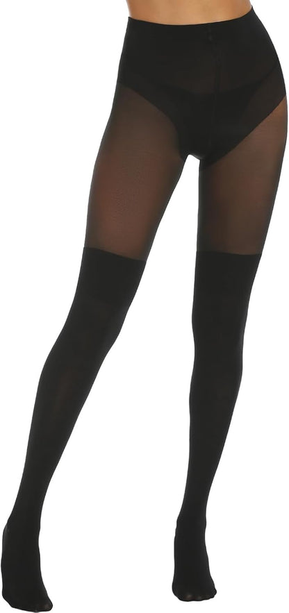 Black MANZI Gothic faux thigh high suspender tights with over-the-knee stockings and intricate detailing for a bold, stylish look.