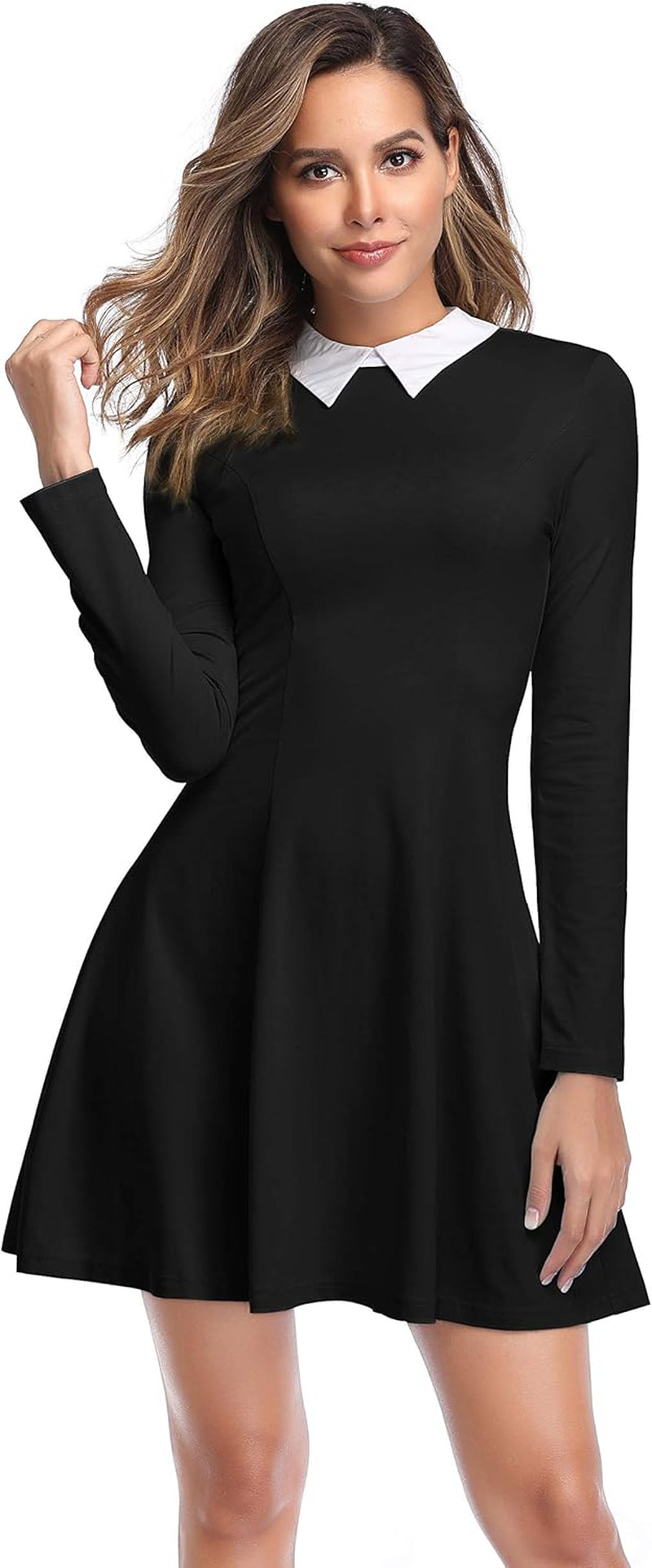 Black women's long sleeve dress with Peter Pan collar, inspired by Wednesday Addams, featuring a chic and classic costume look.