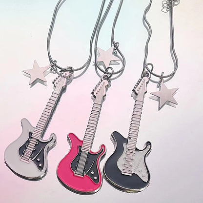 Grunge Pink Guitar Pendant Necklace Charm Goth Jewelry Chains Star Necklace for Women Y2K Accessories Korean Fashion