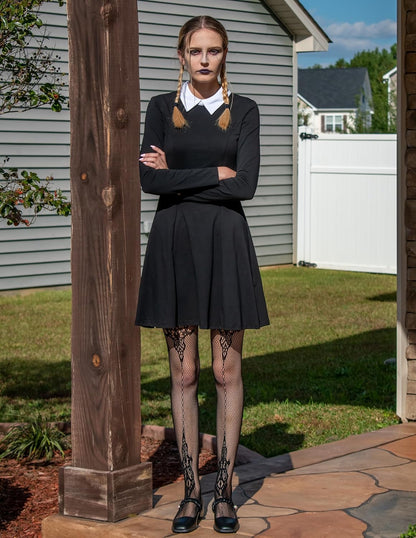 Black women's long sleeve dress with Peter Pan collar, inspired by Wednesday Addams, featuring a chic gothic style.