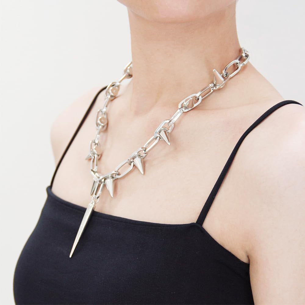 Silver spiked choker necklace by Egfyqzbryn featuring rivets and chains, suitable for goth fashion, parties, and nightclubs.
