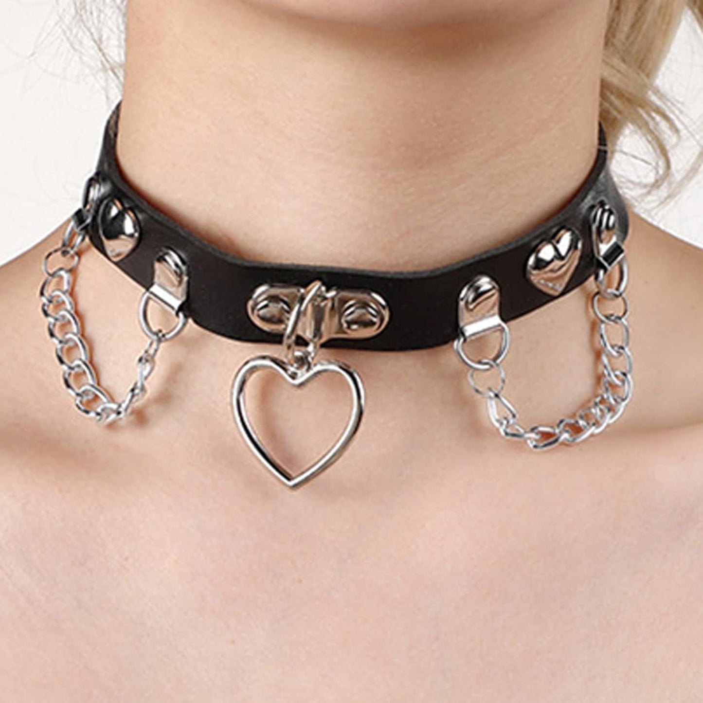 Black faux leather choker necklace with FFFFF chain by Tosmifairy, ideal for gothic fashionistas and edgy style statements.
