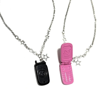 Punk 90S Aesthetic Pink Phone Pendant Necklace for Women Cartoon Goth Star Beads Pendant Y2K Necklace Jewelry Harajuku Fashion