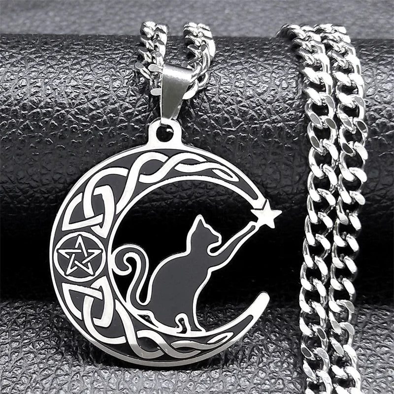 Gothic cat crescent moon necklace with pentagram and Celtic knot design, stainless steel witch jewelry for women.