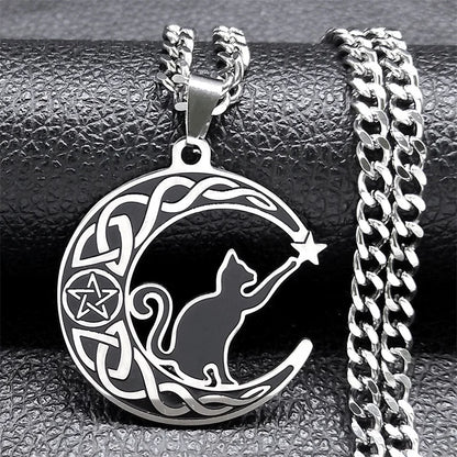 Gothic cat crescent moon necklace with pentagram and Celtic knot design, stainless steel witch jewelry for women.