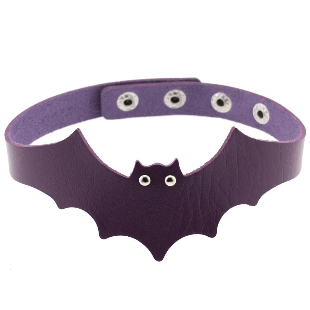 Purple goth punk leather choker necklace with black rivets and metal chain, edgy emo unisex accessory for Halloween and Y2K cosplay.