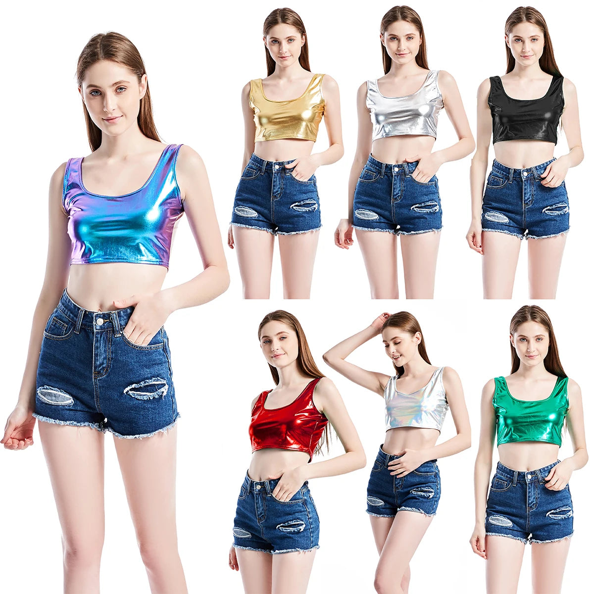 Shimmering Metallic Holographic Crop Tank Top - Stylish Sleeveless Scoop Neck for Rave & Dance Festivals