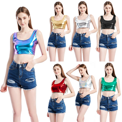 Shimmering Metallic Holographic Crop Tank Top - Stylish Sleeveless Scoop Neck for Rave & Dance Festivals
