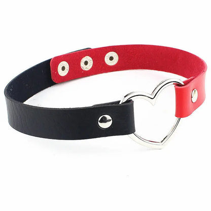 Gothic black PU leather choker necklace with heart pendant, perfect punk accessory for grunge style and parties.