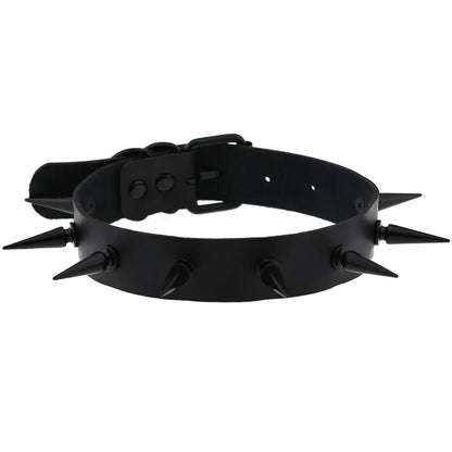 Black vegan leather choker necklace with metal spikes, ideal for goth, witch, and cosplay styles, featuring edgy, bold design.