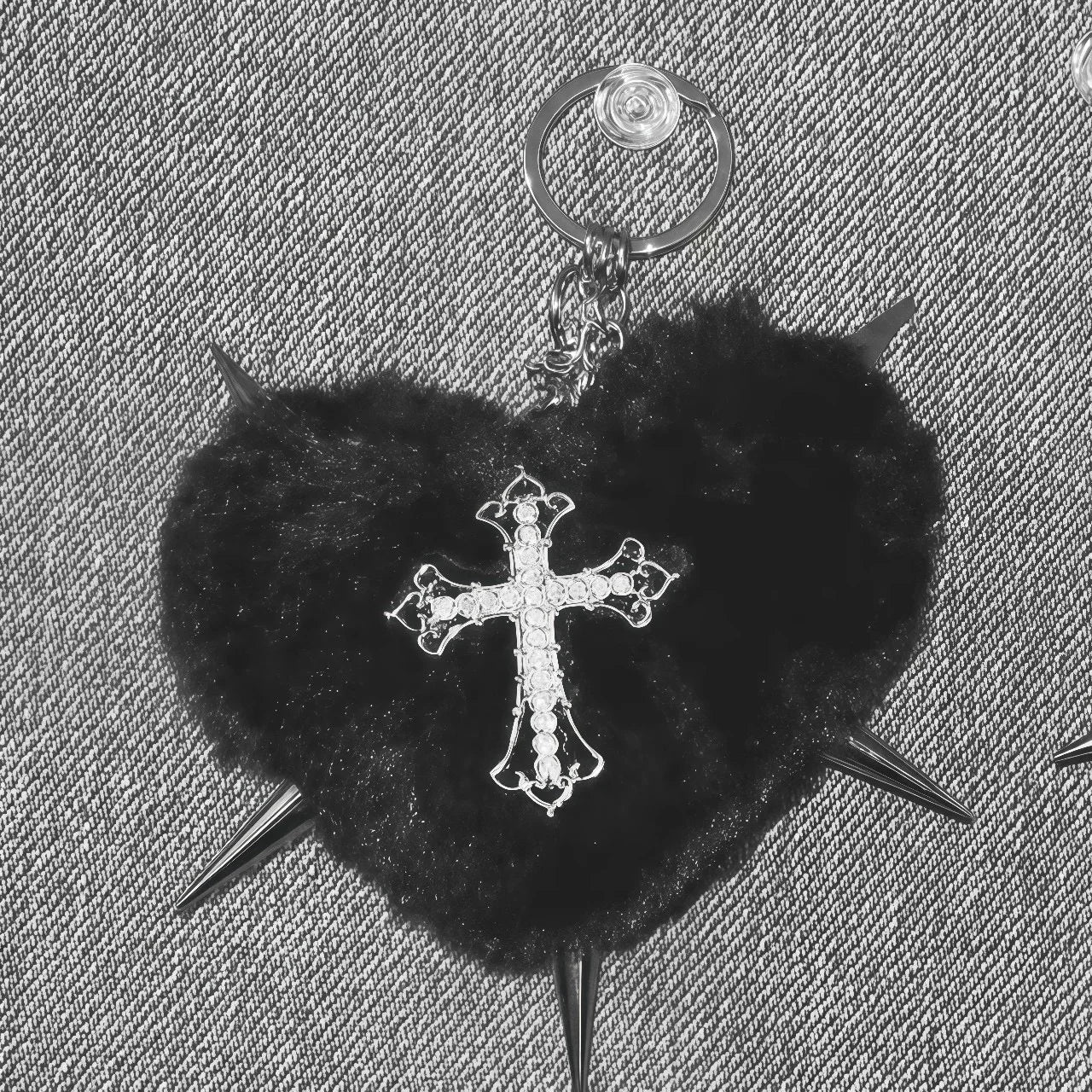 Leopard print punk rivet cross keychain with heart charm, goth grunge style accessory for bags and keys.