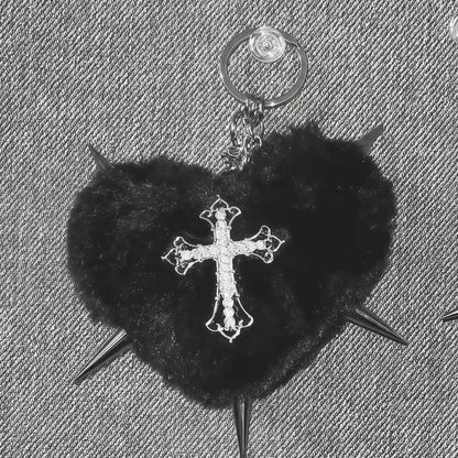 Leopard print punk rivet cross keychain with heart charm, goth grunge style accessory for bags and keys.