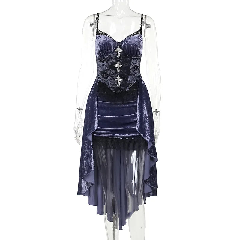 Elegant Victorian Gothic velvet A-line dress with lace hem details, perfect for evening Lolita parties and gothic fashion styles.