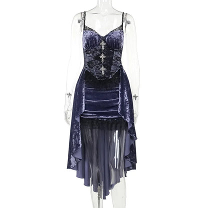 Elegant Victorian Gothic velvet A-line dress with lace hem details, perfect for evening Lolita parties and gothic fashion styles.