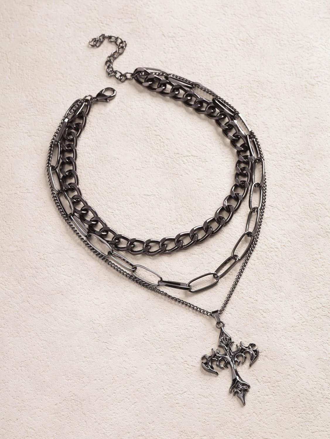 Sacina Gothic layered cross choker necklace with dark metal chains, perfect for emo, grunge, and Halloween-inspired jewelry styles.