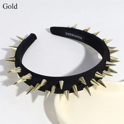 Silver and gold punk goth headband with rivet details, stylish hair accessory for women, cosplay, and everyday wear.