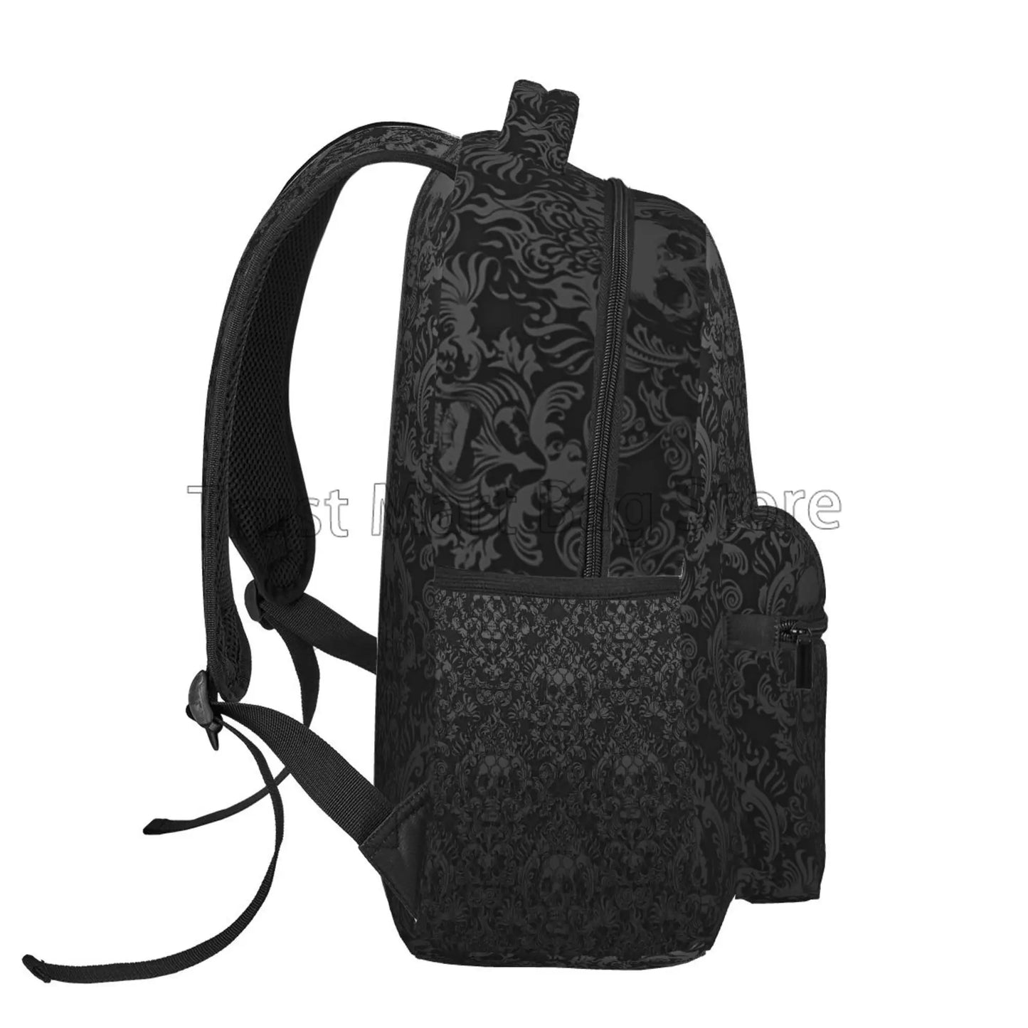 Gothic black skull damask backpack by PressureDen.store, unisex casual laptop bag with skull and damask pattern for school and travel.