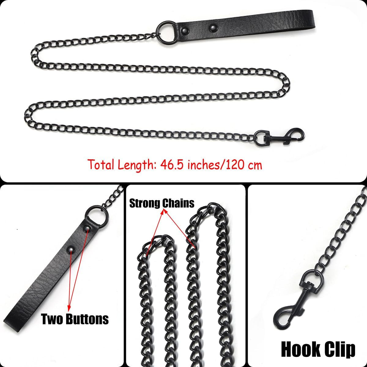 Black Gothic Leash and Collar Set, Leather Chain Necklace Punk Rock Body Chain Belt Fashion Jewelry for Halloween