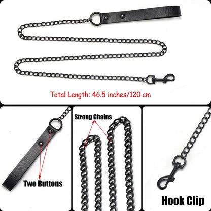 Black Gothic Leash and Collar Set, Leather Chain Necklace Punk Rock Body Chain Belt Fashion Jewelry for Halloween