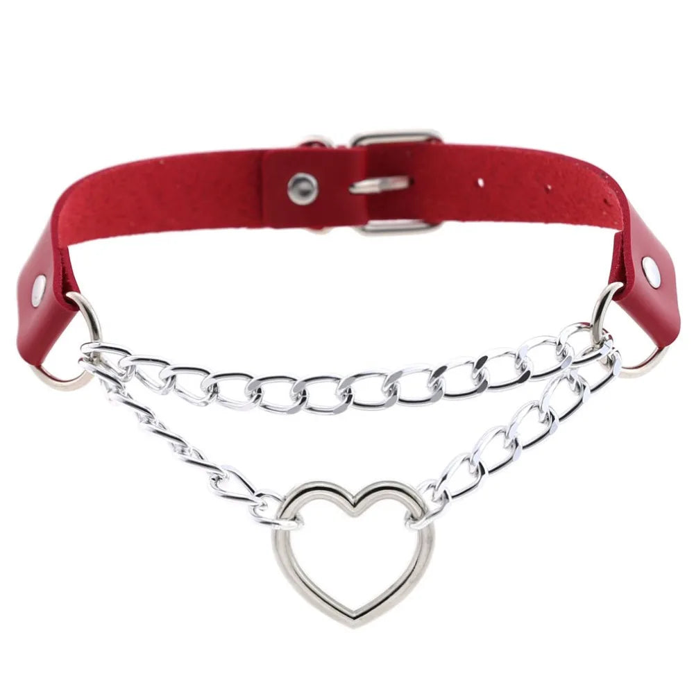 Black leather Gothic heart choker necklace with chain detail, perfect for punk and emo styles.