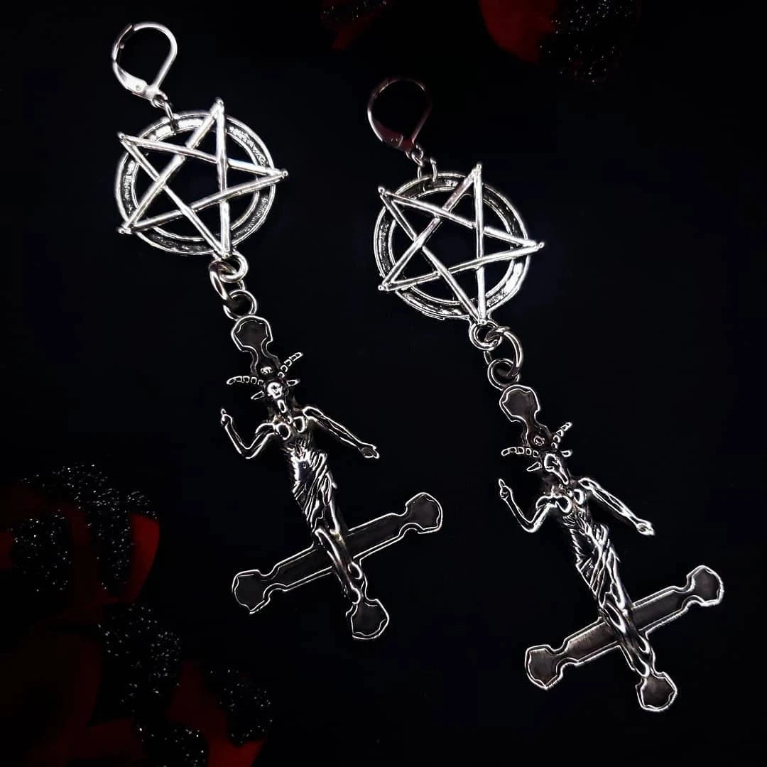 Dark gothic earrings featuring inverted pentagram and Baphomet design, perfect for goth and punk fashion enthusiasts.