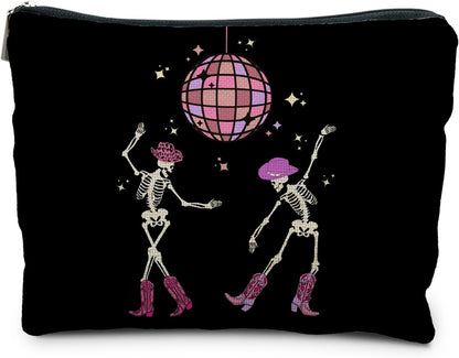 Funny Disco Dancing Skeleton Makeup Bag, Goth Gothic Skull Cosmetic for Women, Halloween Gifts, Dark Academia Makeup Pouch, Horror Bag