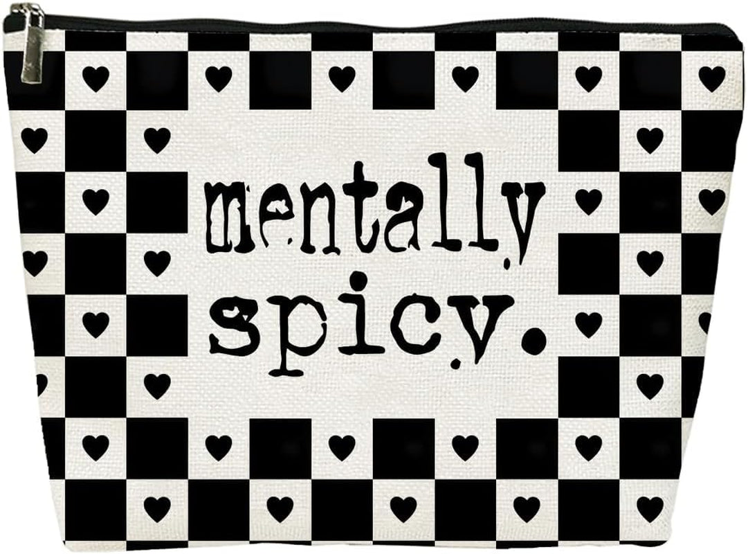 Alternative Makeup Bag, Edgy ‘Mentally Spicy’ Checkered Makeup Bag, Gift for Goth Lovers Women Girls Friend Daughter, Self Expression Graduation Birthday Friendship Gifts 10×7 Inch