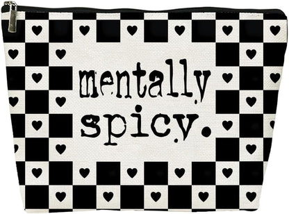 Alternative Makeup Bag, Edgy ‘Mentally Spicy’ Checkered Makeup Bag, Gift for Goth Lovers Women Girls Friend Daughter, Self Expression Graduation Birthday Friendship Gifts 10×7 Inch
