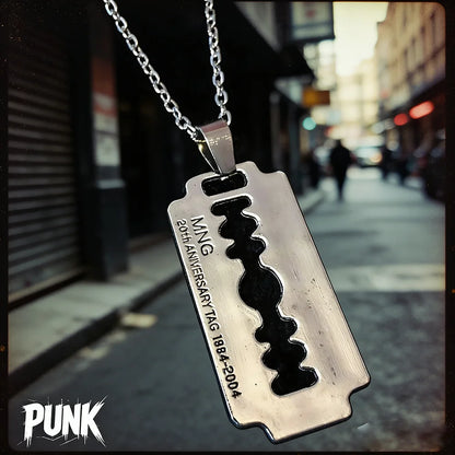 Y2K aesthetic razor blade pendant necklace by PressureDen.store, edgy vintage punk grunge jewelry for men and women