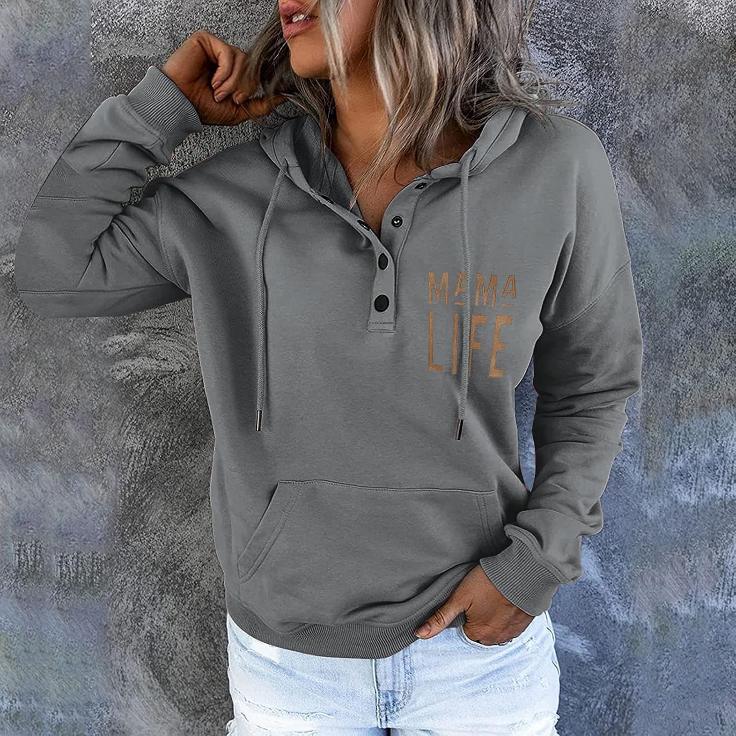 Stylish women's hooded sweatshirt with pocket and letter print, perfect for fall, by PressureDen.store.