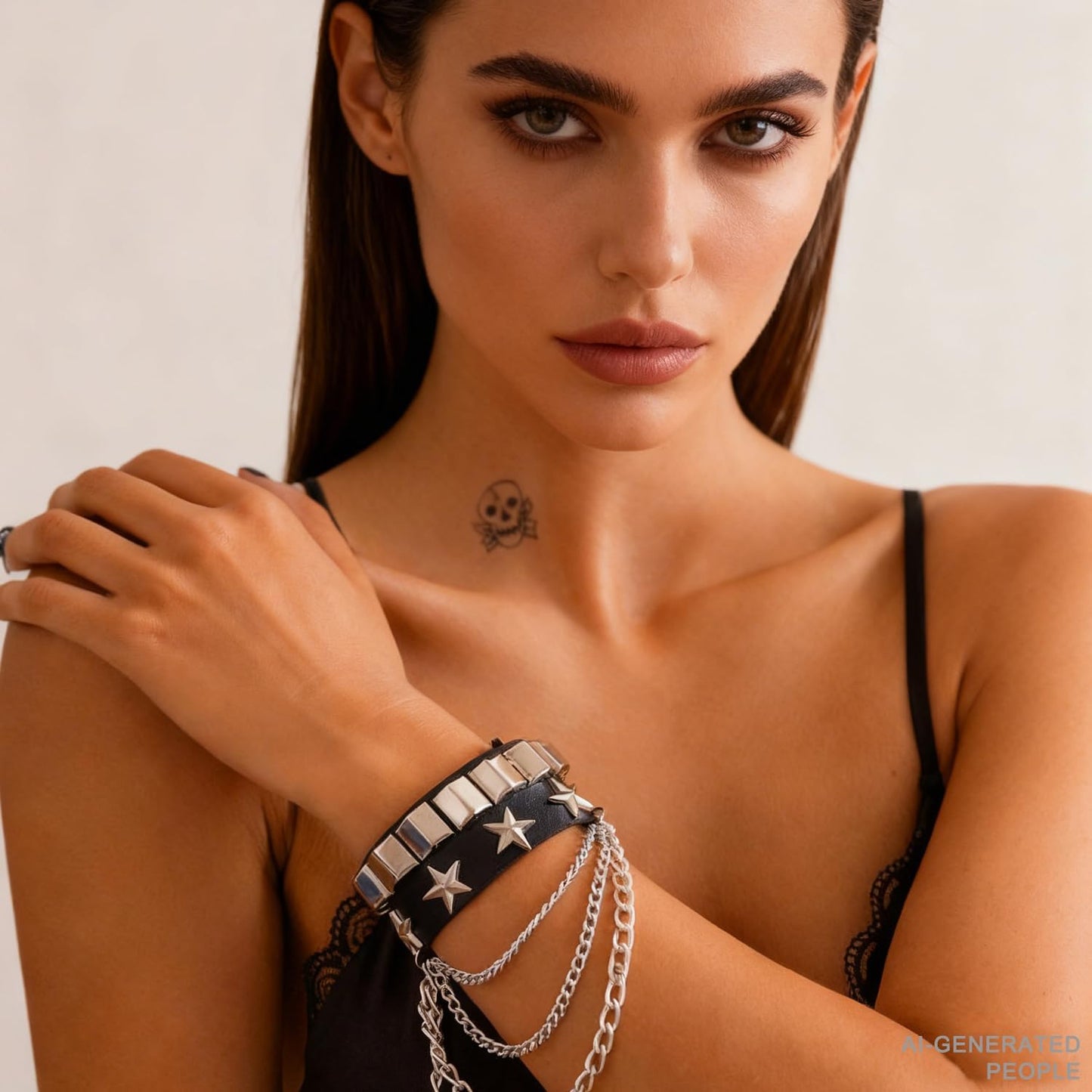 Unisex Aukemuna punk studded bracelet with layered chains, star accents, adjustable goth leather bangle for emo rock style.