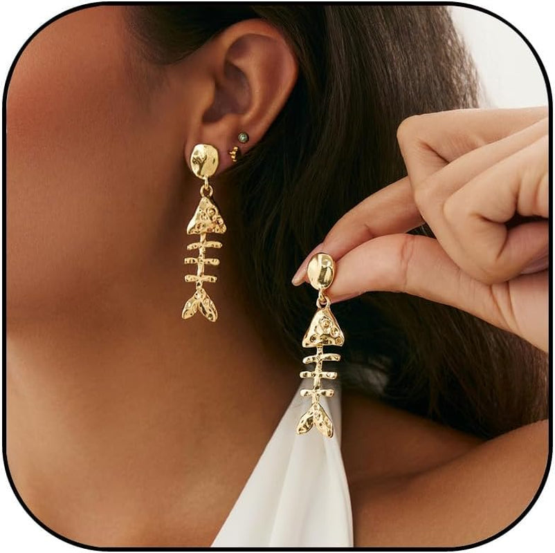 Gold and silver Gothic grunge fish dangle earrings with Y2K punk style, featuring stylish drop jewelry design for women.
