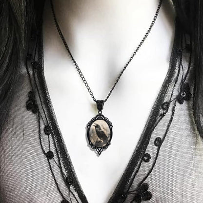 Goth Raven Cameo Necklace - Gothic Crow Pendant, Vintage Halloween Witch Jewelry for Women