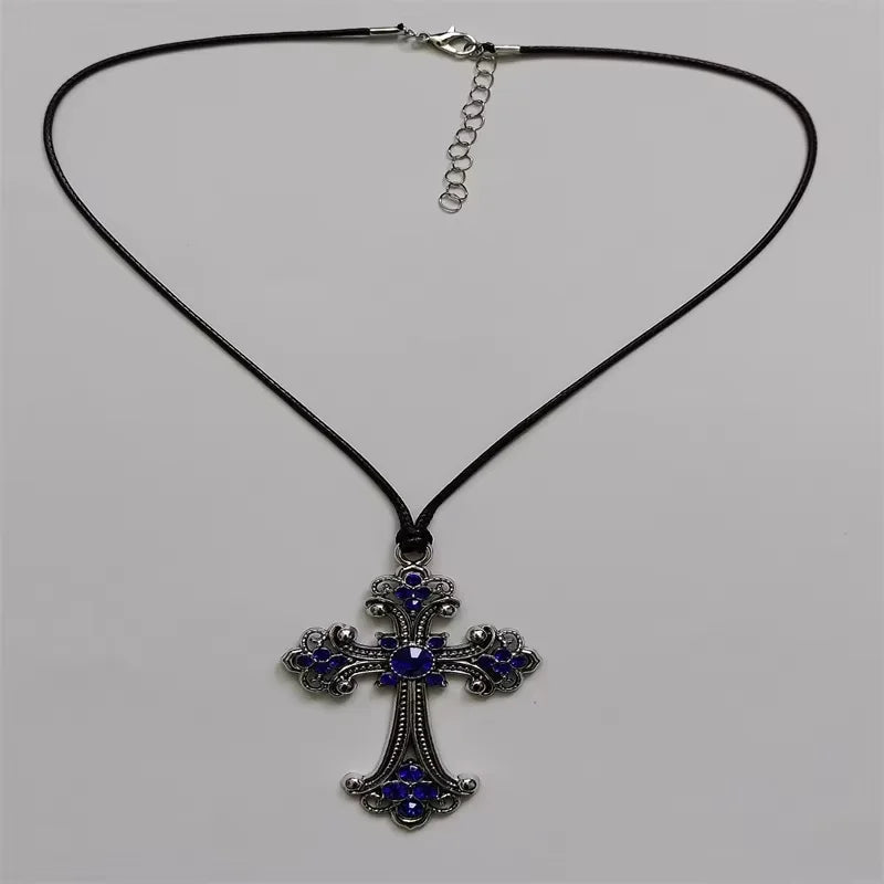 Rhinestone cross choker necklace with spiral design, gothic punk style jewelry for women, featuring sparkling rhinestones and edgy fashion.