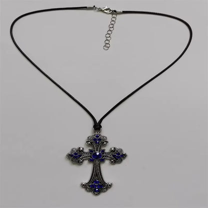 Rhinestone cross choker necklace with spiral design, gothic punk style jewelry for women, featuring sparkling rhinestones and edgy fashion.