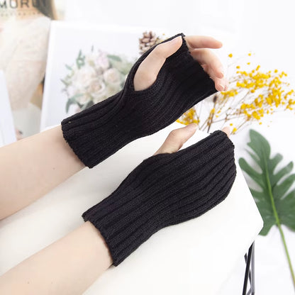 Kawaii crochet fingerless winter gloves for women, featuring goth Lolita style arm warmers and accessories.