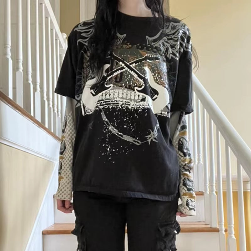 Long sleeve Y2K cyber grunge T-shirt for women with retro Harajuku patchwork design, gothic style top from PressureDen.store