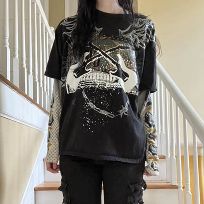 Long sleeve Y2K cyber grunge T-shirt for women with retro Harajuku patchwork design, gothic style top from PressureDen.store
