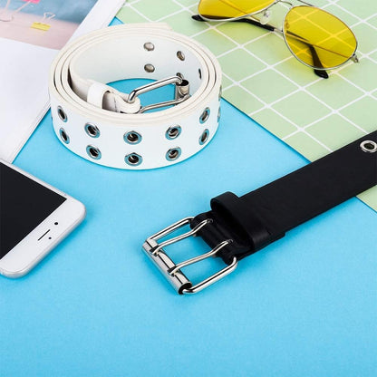 BKpearl 2-pack PU leather punk grommet belts for men and women, featuring a stylish 2-hole design and medium size, ideal for jeans.