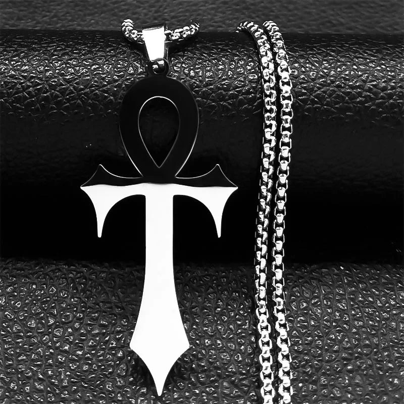 Black stainless steel Gothic Egyptian Ankh necklace with key of life amulet, religious jewelry, detailed pendant design.