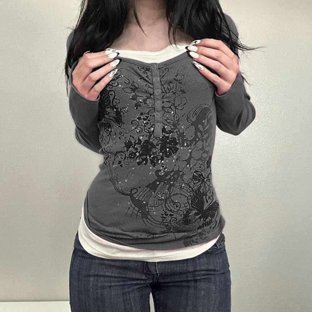 GGOOB Y2K floral V-neck long sleeve top with vintage fairy grunge style, featuring colorful flower print for trendy teens.