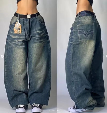TrendY2K Harajuku baggy jeans with retro wing embroidery, high waist gothic wide trousers, made by PressureDen.